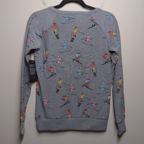Chaser Knit Top in Vintage Ski Print Heather Gray Crew Neck Long Sleeves S New - Picture 6 of 11